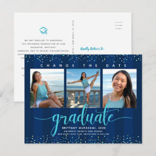 Change date graduation photo turquoise script navy invitation postcard