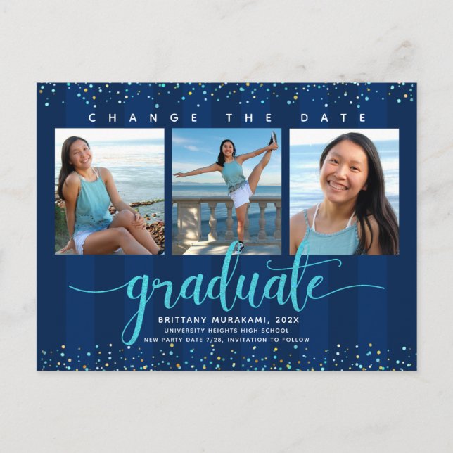 Change date graduation photo turquoise script navy invitation postcard (Front)