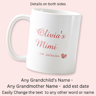 Change Grandchild Name, Mimi Name Est Heart Coffee Mug
