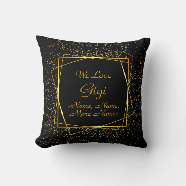 Change Grandma Gigi Name Add Kids Names Black Gold Throw Pillow (Front)