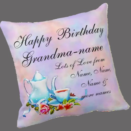 Change Grandma Name Text Teapot Floral Birthday Throw Pillow