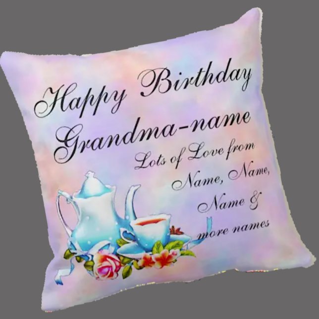 Change Grandma Name Text Teapot Floral Birthday Throw Pillow (Creator Uploaded)