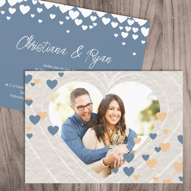 Change Heart Colors, Blue-Gray Valentine's Wedding Invitation (unique valentines february wedding invitations blue natural beige rustic cute hearts romantic)