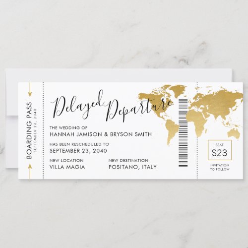 Change in Plans Gold Map Boarding Ticket Wedding Announcement