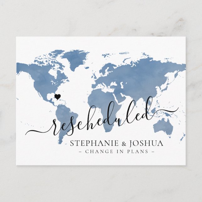 Change in Plans Postponed Destination Wedding Map Announcement Postcard (Front)