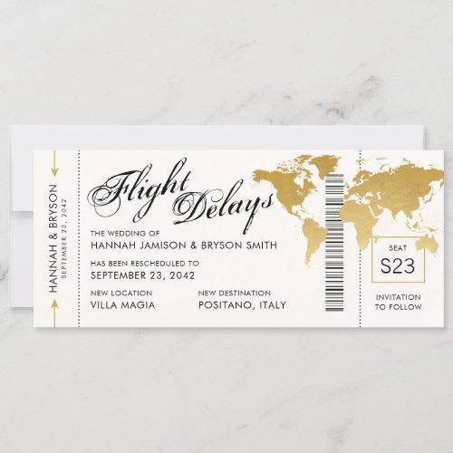 Change in Plans World Map Boarding Ticket Wedding Announcement