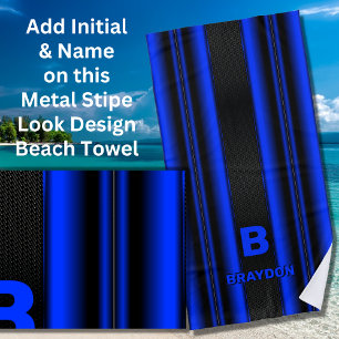 Change Initial Add Name Blue on Black Stripes Beach Towel