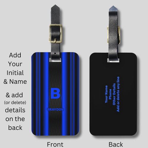 Change Initial Add Name Blue on Black Stripes Luggage Tag