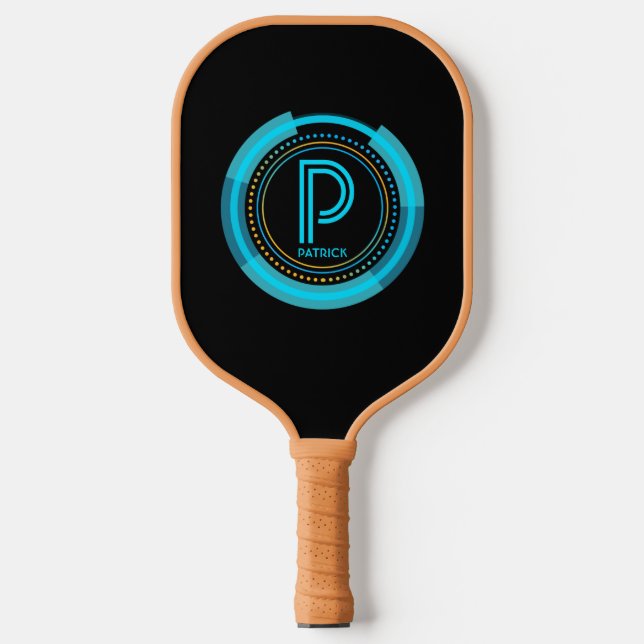 Change Initial, Add Name Futuristic Blue Tech  Pickleball Paddle (Front)