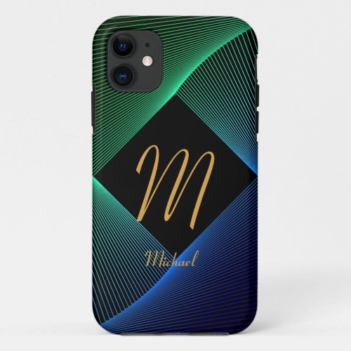 Change Initial Add Name Geometric Green Blue Swirl iPhone 11 Case