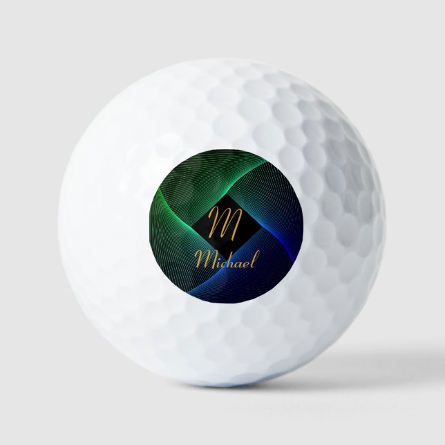 Change Initial Add Name Geometric Green Blue Swirl Golf Balls (Front)