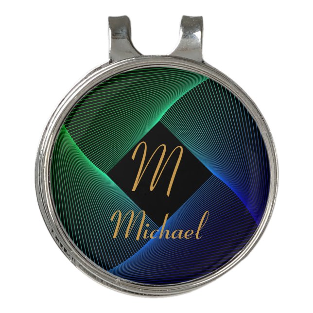 Change Initial Add Name Geometric Green Blue Swirl Golf Hat Clip (Front)