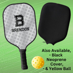 Change Initial, Add Name, Gray Checker Plate Look Pickleball Paddle
