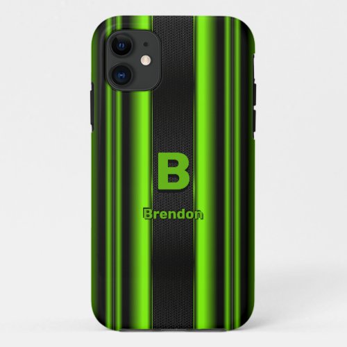 Change Initial Add Name Green  Black Stripes    iPhone 11 Case