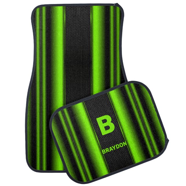 Change Initial Add Name Green on Black Stripes Car Floor Mat (Set)