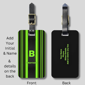 Change Initial Add Name Green on Black Stripes Luggage Tag