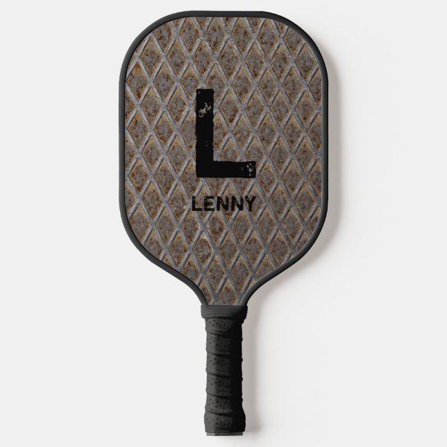 Change Initial, Add Name,  Grey Checker Plate Pickleball Paddle (Front)