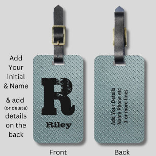 Change Initial Add Name Grey Steel Checker Plate  Luggage Tag