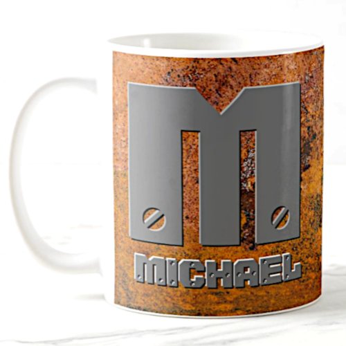 Change Initial Add Name M N O P Q on Rusty Metal Coffee Mug