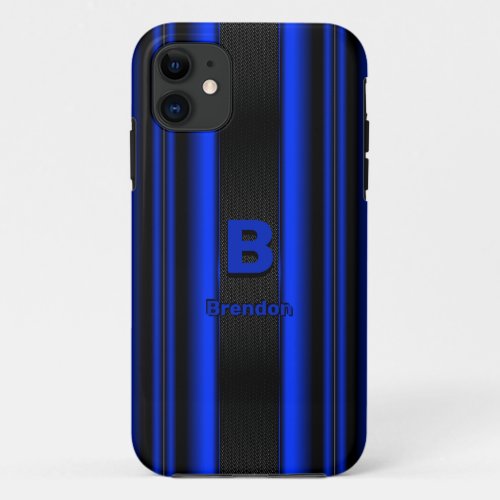 Change Initial Add Name Metallic Blue Black Stripe iPhone 11 Case