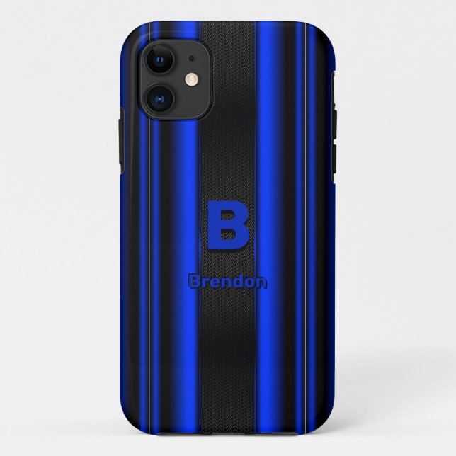 Change Initial Add Name Metallic Blue Black Stripe Case-Mate iPhone Case (Back)