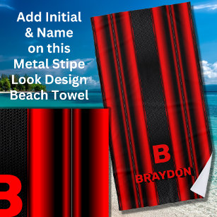 Change Initial Add Name Red on Black Stripes Beach Towel