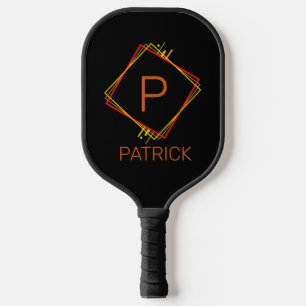 Change Initial, Add Name Red Yellow Squares Black Pickleball Paddle