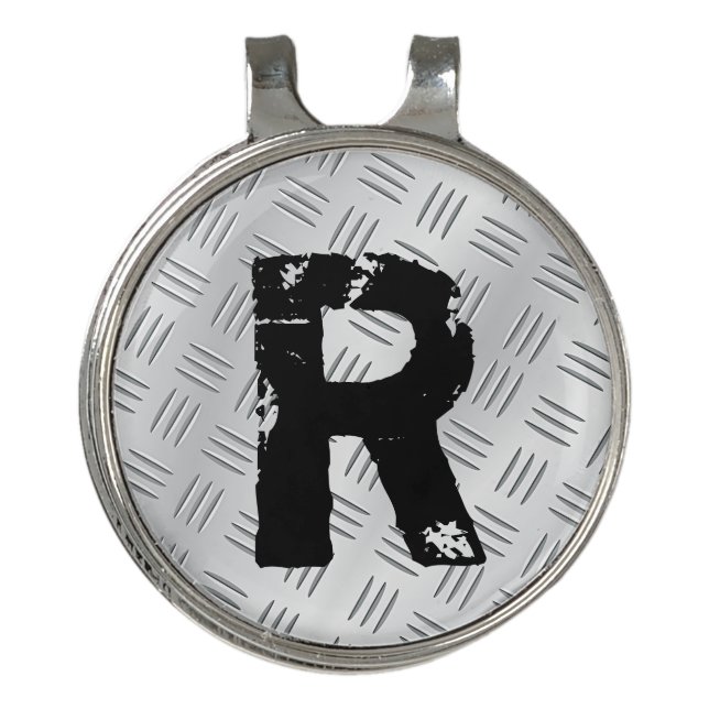 Change Initial, Silver Gray Checker Plate Golf Bal Hat Clip (Front)