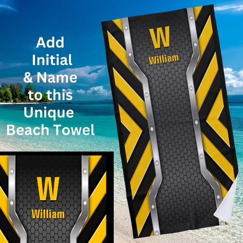 Change Initials Add Name Safety Yellow Black Beach Towel