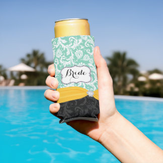 Change Mint to Any Color Bride's Damask Pattern Seltzer Can Cooler