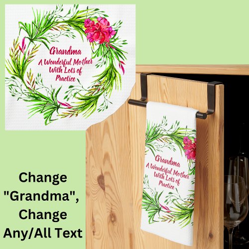 Change Name Add Text Grandma Pink Floral Boho  Kitchen Towel