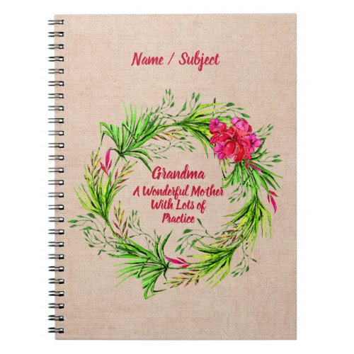 Change Name Add Text Grandma Pink Floral Boho  Notebook