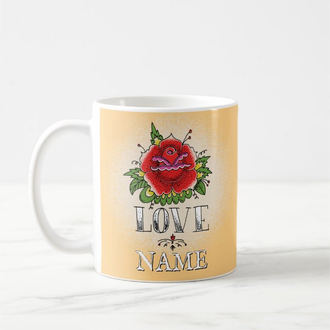 Change Name Add Text Red Rose Tattoo LOVE          Coffee Mug (Left)