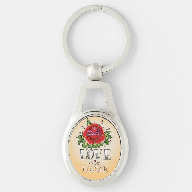 Change Name Add Text Red Rose Tattoo LOVE          Keychain (Front)