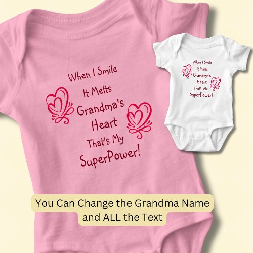 Change Name ALL Text Smile Breaks Heart Superpower Baby Bodysuit