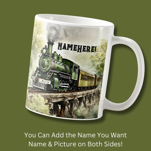 Change Name _ Green Steam Train Engine on Bridge   Coffee Mug