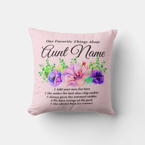 Change Name List  Favorite Things About Aunt Name Throw Pillow