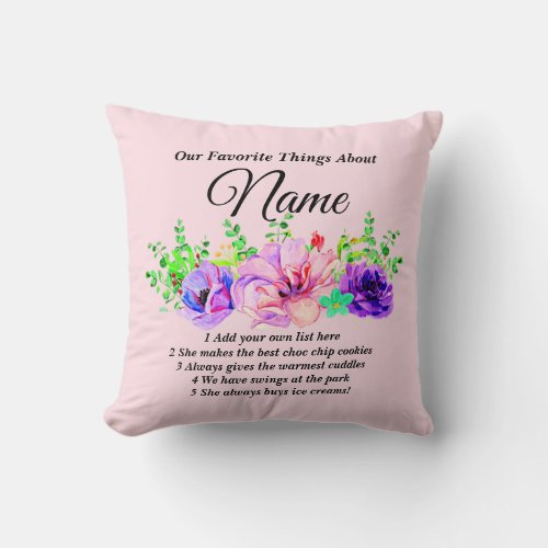 Change Name List  Favorite Things About Name Throw Pillow