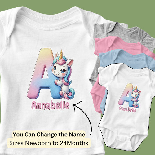 Change Name Pretty Pink Blue Cute Letter A Unicorn Baby Bodysuit