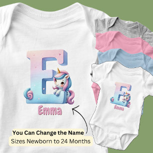 Change Name Pretty Pink Blue Cute Letter E Unicorn Baby Bodysuit