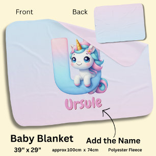 Change Name Pretty Pink Blue Cute Letter U Unicorn Baby Blanket