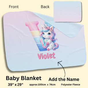 Change Name Pretty Pink Blue Cute Letter V Unicorn Baby Blanket