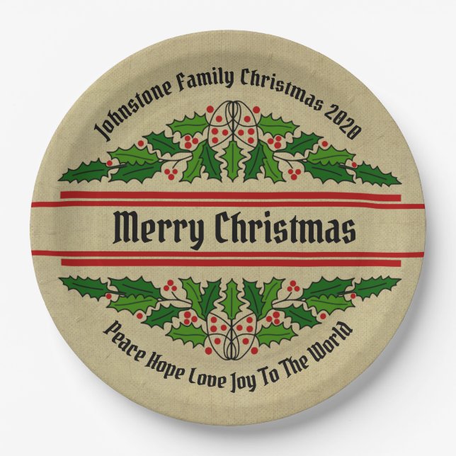 Change Name Text Christmas Holly 9" Paper Plates (Front)