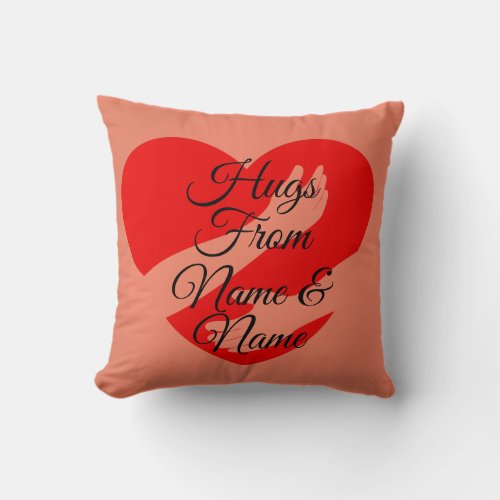 Change Name Text Hugs From Red Heart Arms on Pink Throw Pillow