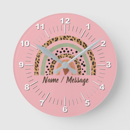 Change Name Text Leopard Spots Print Rainbow Pink  Round Clock