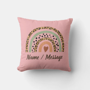 Change Name Text Leopard Spots Print Rainbow Pink Throw Pillow