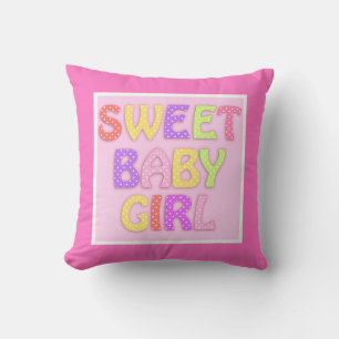 Change Name Text on Back - Sweet Baby Girl Pink Throw Pillow