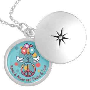 Change Name Text Peace Love Boho Hippie Doves      Locket Necklace