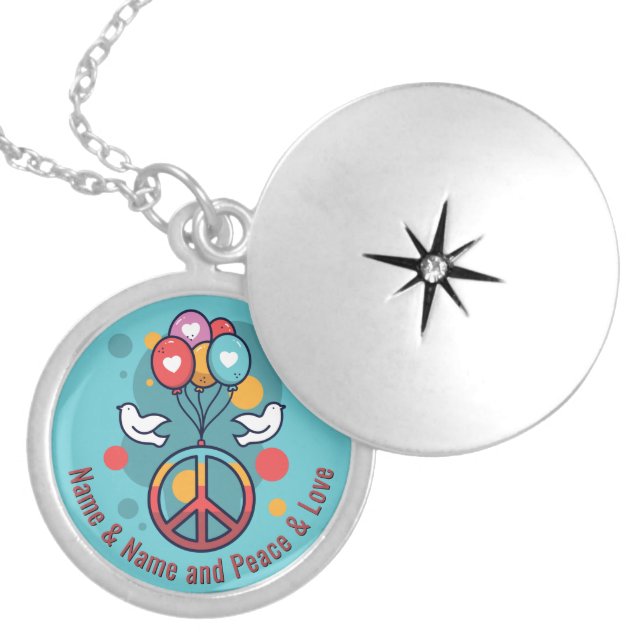 Change Name Text Peace Love Boho Hippie Doves      Locket Necklace (Front)