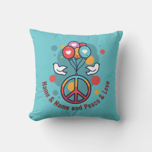 Change Name Text Peace Love Boho Hippie Doves Throw Pillow